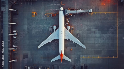 View from above of an airplane docking for maintenance services. 