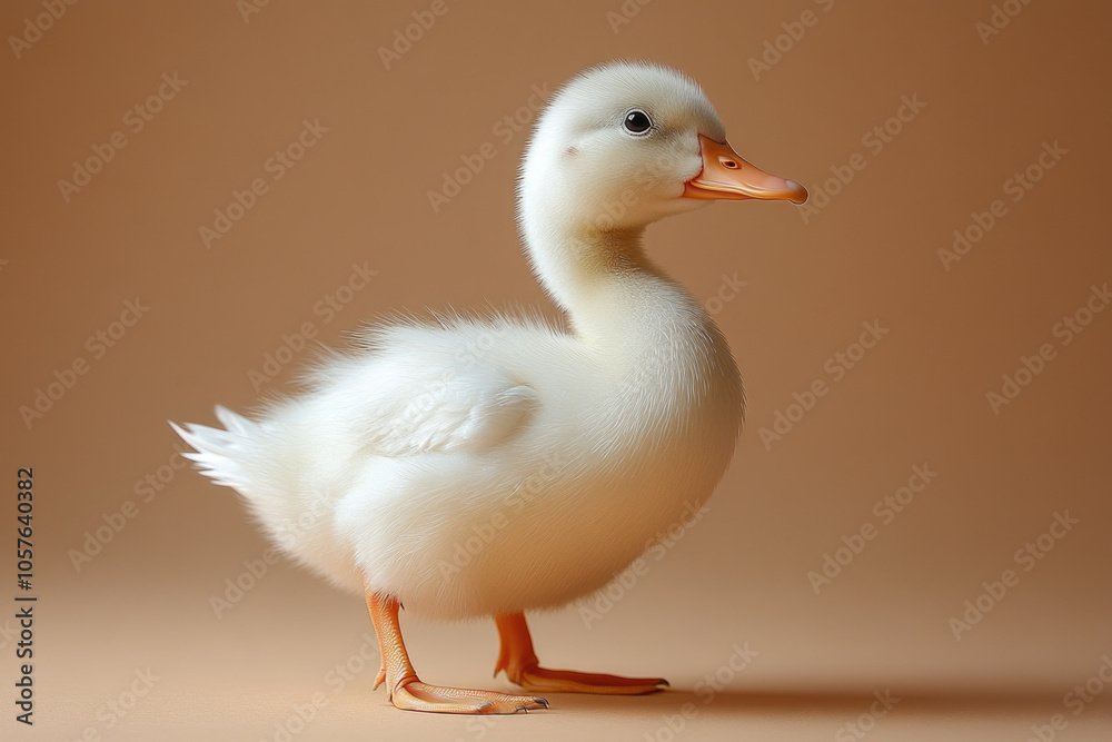 Obraz premium Cute fluffy duckling portrait with minimalist beige background