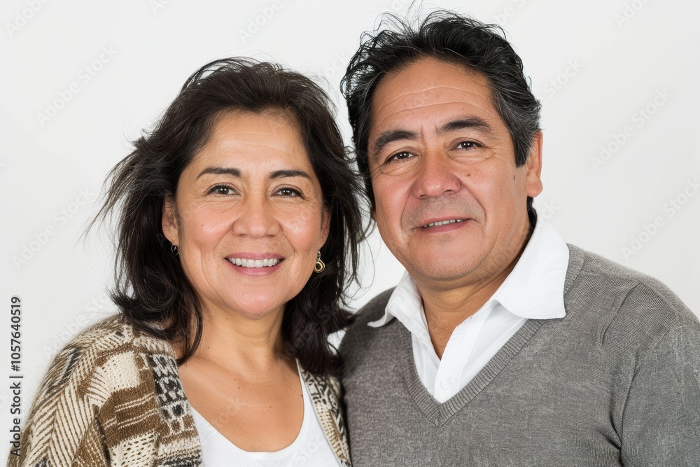 Portrait of a satisfied latino couple in their 50s wearing a chic cardigan on white background Portrait of a satisfied latino couple in their 50s wearing a chic cardigan on white background