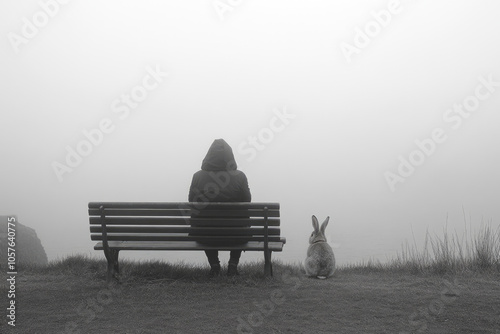 Solitude on a bench: human and rabbit contemplating foggy landscape