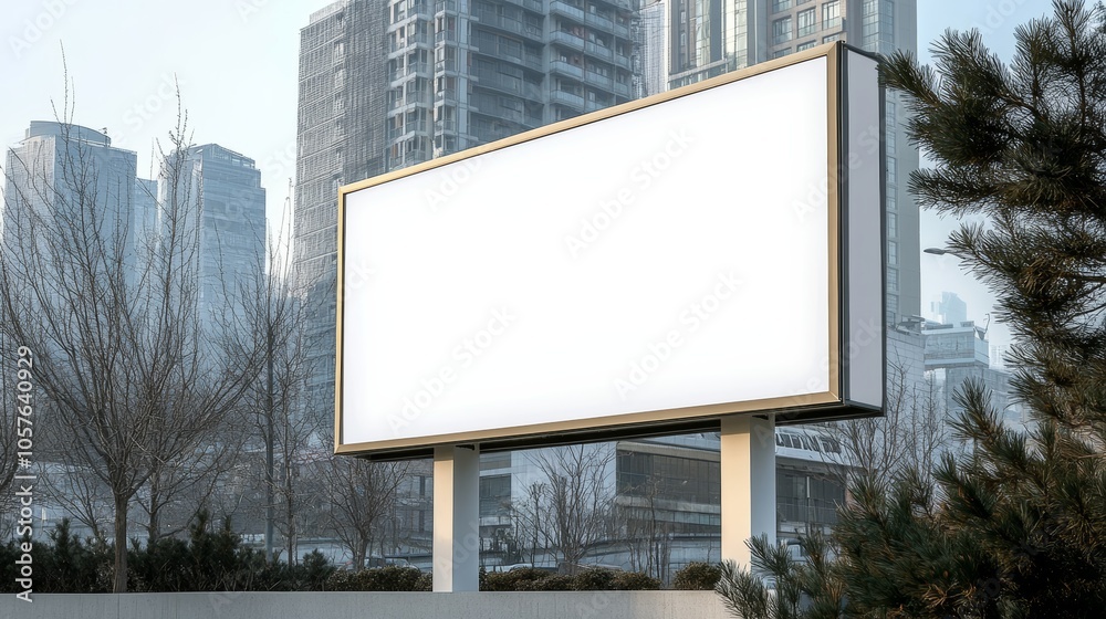 Fototapeta premium Large billboard is standing in front of a city skyline. Mockup