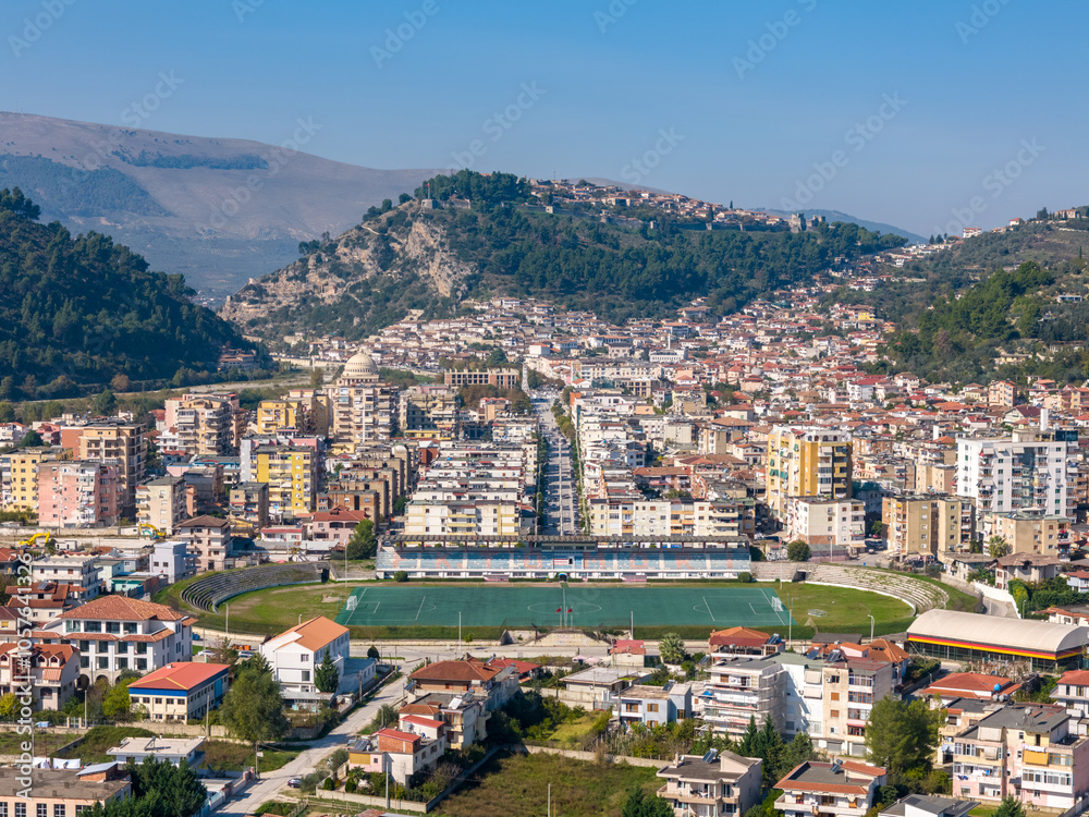 Naklejka premium Aerial drone photo of the soccer field in Berat, Albania