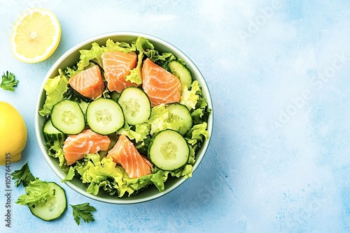 Green bowl with ketogenic diet salad with salmon, cucumber and lettuce on light blue background satisfies hunger with healthy food, copy space photo