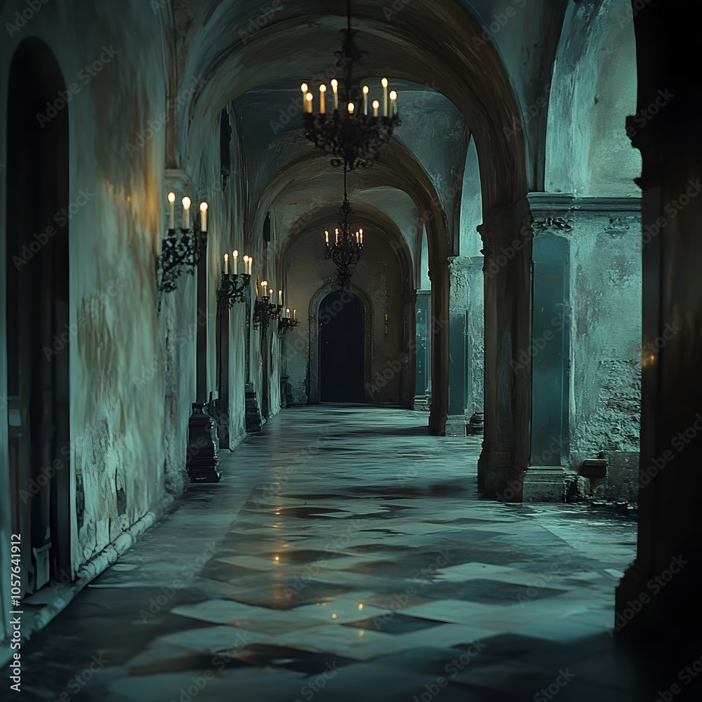 Obraz premium Candle-Lit Hallway in an Old Castle with Stone Walls and Atmospheric Lighting