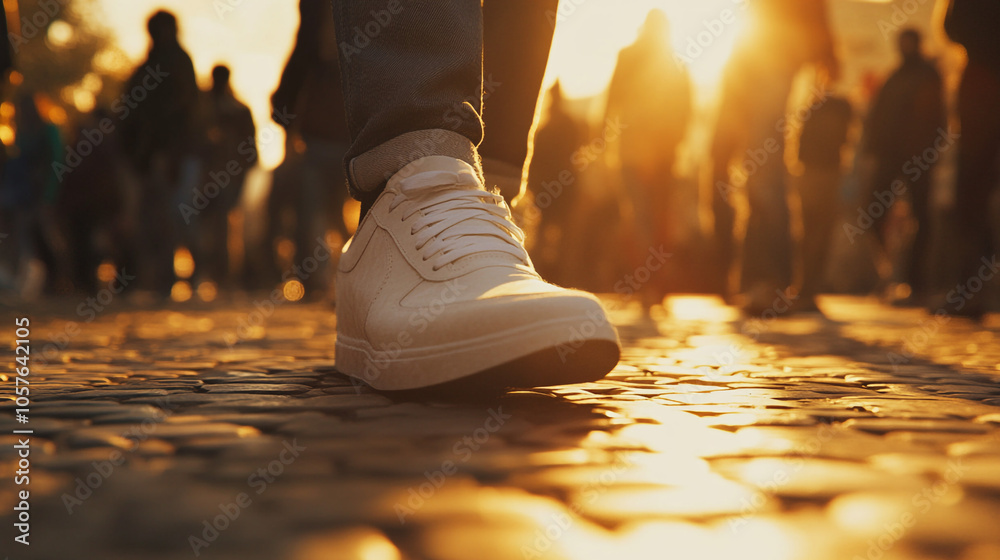 Obraz premium Walking Towards the Sunset on Cobblestone Street