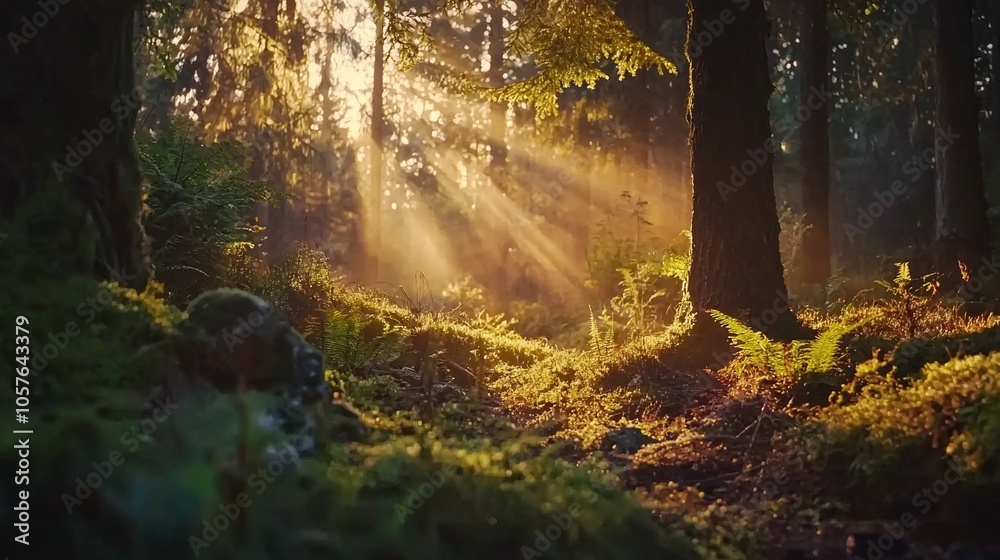 A tranquil forest illuminated by golden hour light with sunbeams filtering through the trees creating a magical atmosphere A tranquil forest illuminated by golden hour light with sunbeams filtering through the trees creating a magical atmosphere