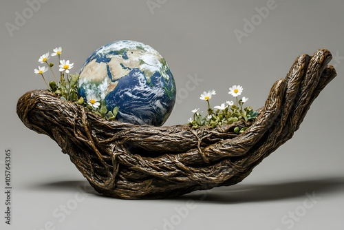 Fototapeta Naklejka Na Ścianę i Meble -  planet earth in the human hands made of roots and wood with flowers, representing environment, and environment