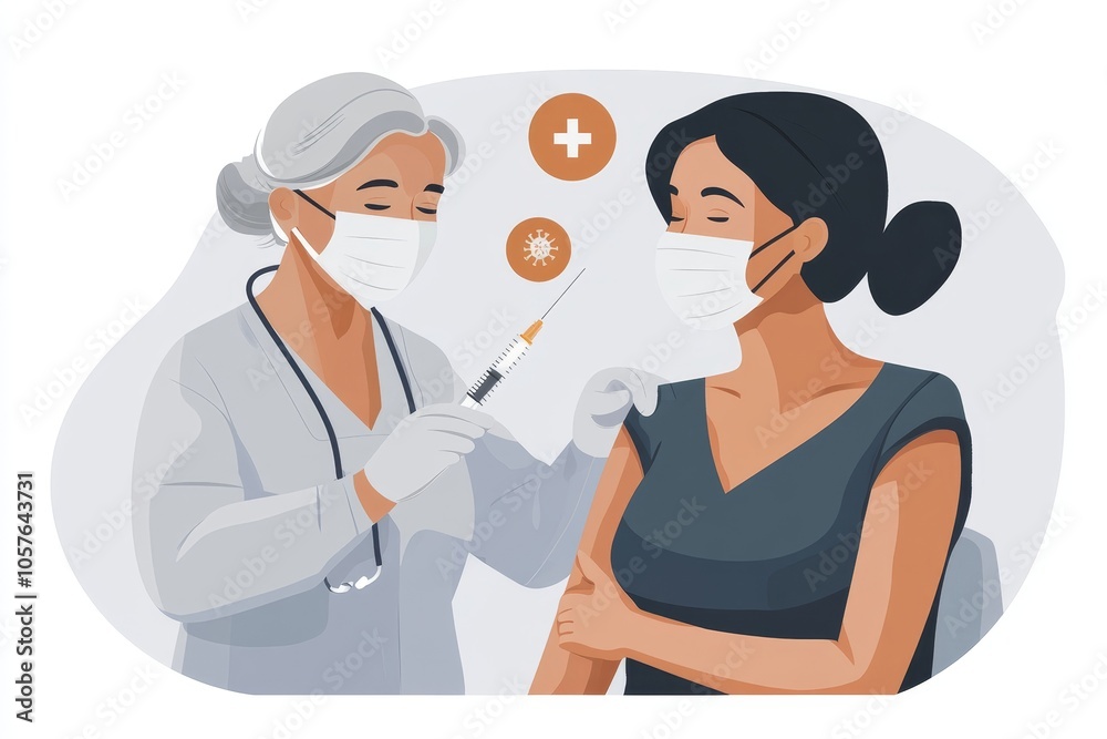 People getting a vaccination to prevent pandemic concept. Woman in medical face mask receiving a dose of immunization coronavirus vaccine from a nurse, Generative AI People getting a vaccination to prevent pandemic concept. Woman in medical face mask receiving a dose of immunization coronavirus vaccine from a nurse, Generative AI