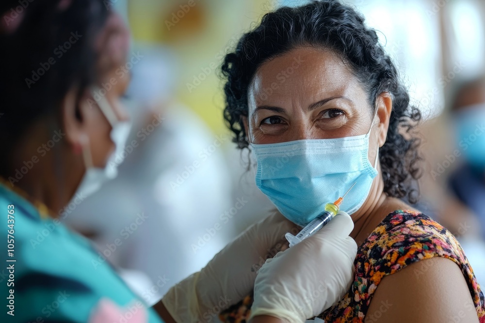 People getting a vaccination to prevent pandemic concept. Woman in medical face mask receiving a dose of immunization coronavirus vaccine from a nurse, Generative AI People getting a vaccination to prevent pandemic concept. Woman in medical face mask receiving a dose of immunization coronavirus vaccine from a nurse, Generative AI