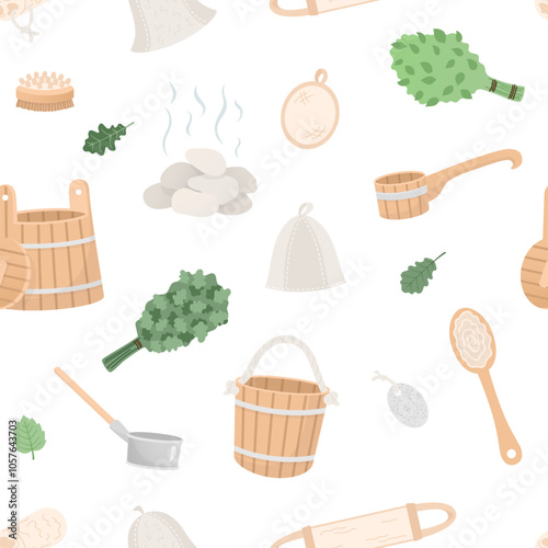 Seamless pattern with sauna spa items in cartoon flat style isolated on white background