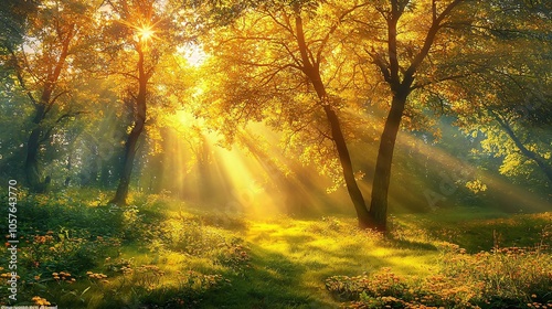 A serene sunrise in a misty forest sunlight filtering through trees and illuminating the dewy landscape