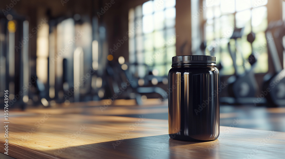 Black Supplement Jar on Wooden Table in Gym with Blurred Background Black Supplement Jar on Wooden Table in Gym with Blurred Background