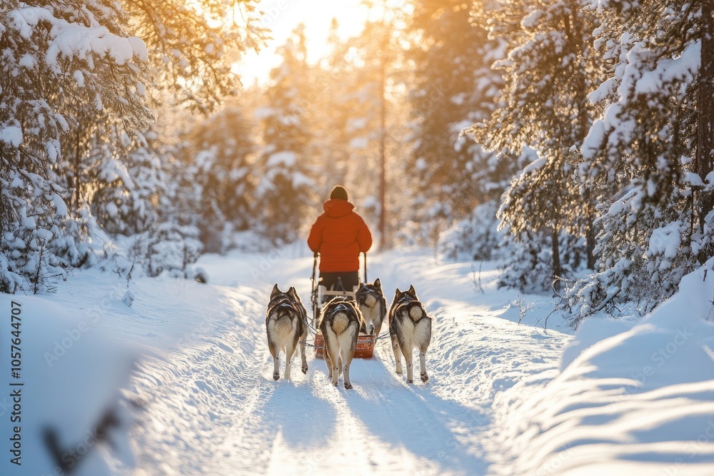 A Person in Red Jacket Drives a Sled Pulled by Huskies Through a Snowy Forest A Person in Red Jacket Drives a Sled Pulled by Huskies Through a Snowy Forest