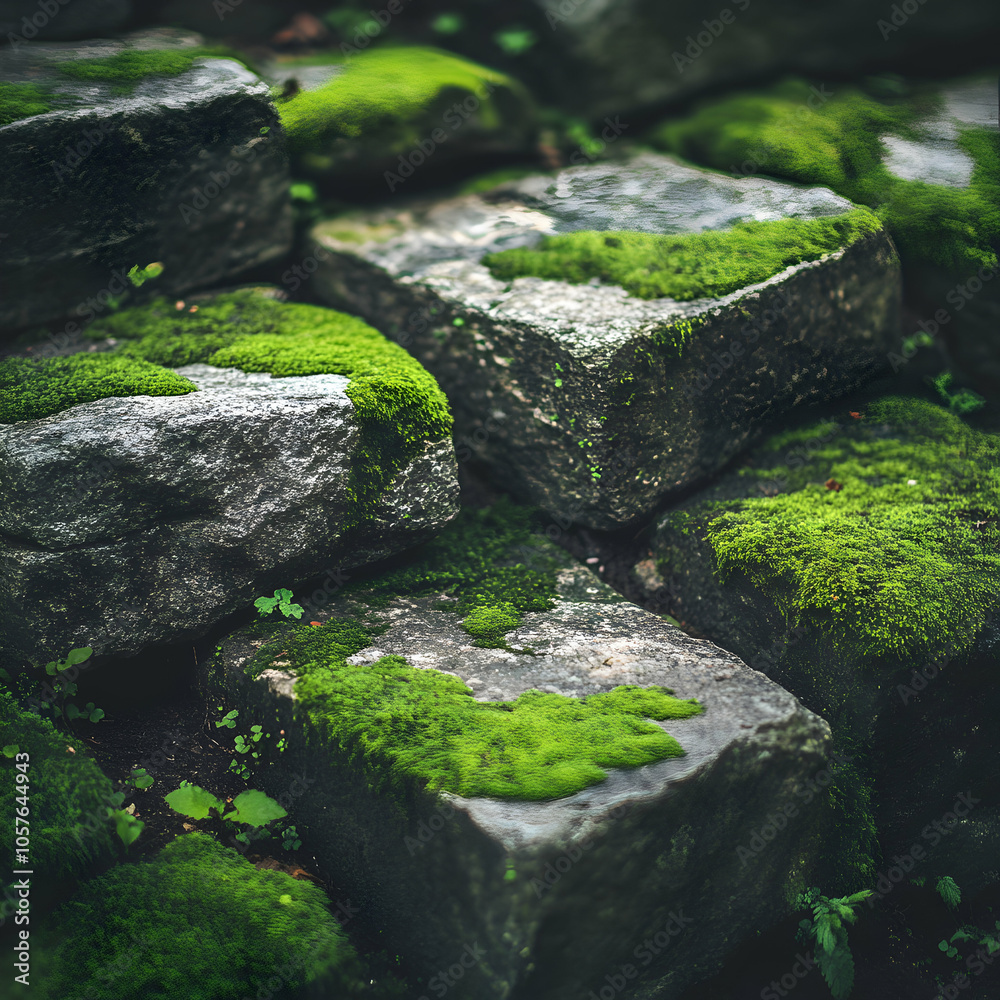 Close-Up of Lush Green Moss-Covered Stones in a Serene Garden Setting Close-Up of Lush Green Moss-Covered Stones in a Serene Garden Setting