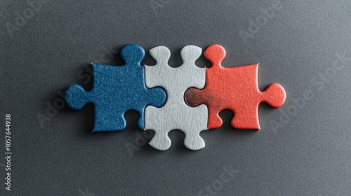 Three colorful puzzle pieces in red, white, and blue join together against a dark background