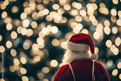 Santa Claus standing in front of a blurred background of Christmas lights photo