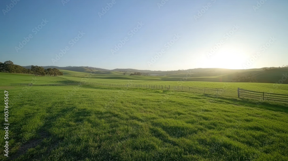 Obraz premium Green grassy field with wooden fences and sunlight. Countryside and nature landscape concept
