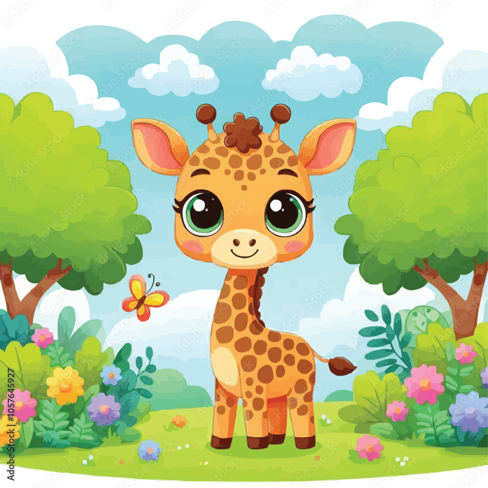 Naklejka premium Cute vector illustration of a giraffe standing in a vibrant forest