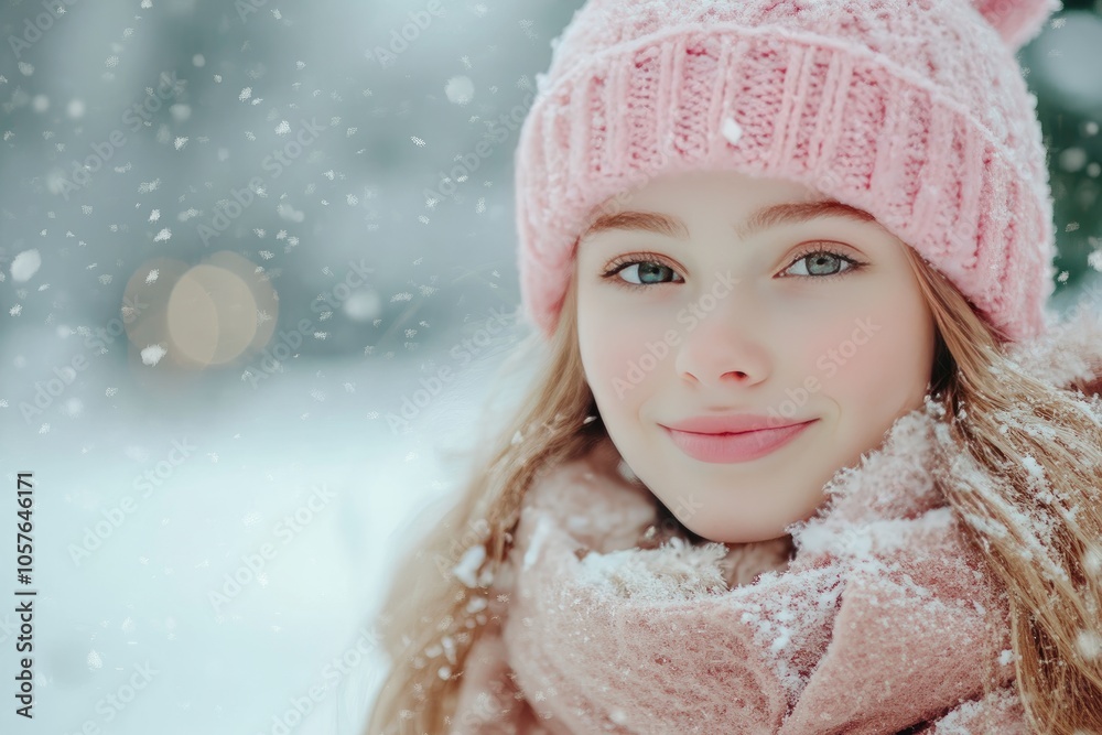 Close-up Portrait of a Young Girl with Pink Knit Hat and Scarf in the Snow