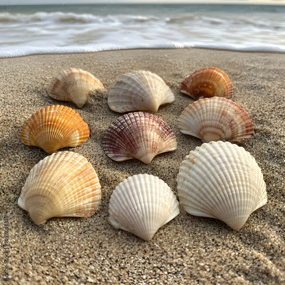 A Beautiful Collection of Colorful Seashells on a Sandy Beach at Sunset A Beautiful Collection of Colorful Seashells on a Sandy Beach at Sunset