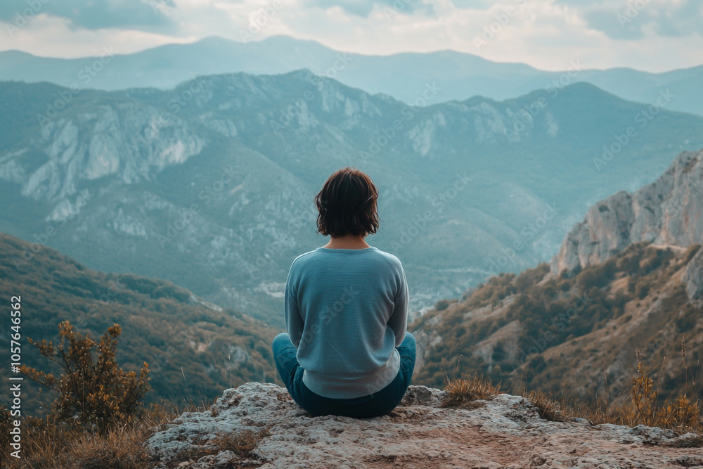 Backview of anonymous young woman seated on a cliff, overlooking vast, misty mountains with copy space, solo hiking and solitude concept Backview of anonymous young woman seated on a cliff, overlooking vast, misty mountains with copy space, solo hiking and solitude concept
