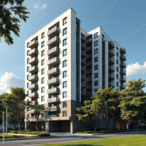 New multistorey building by the green park block of flats with the street and garage entrance Condominium 