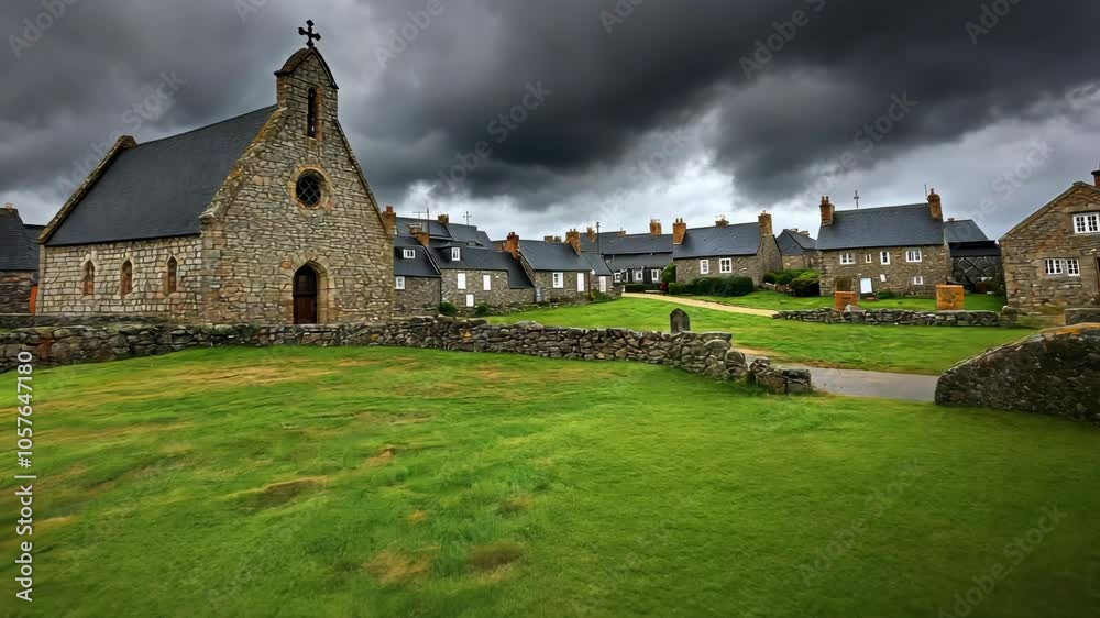 A stone church sits in the center of a small village, surrounded by houses and a grassy field A stone church sits in the center of a small village, surrounded by houses and a grassy field