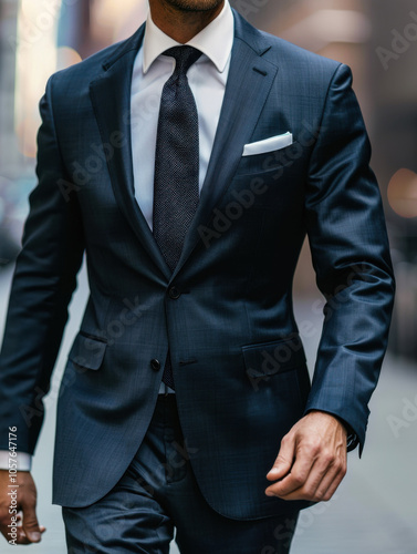 Midsection view of a man in dark suit and tie walking in city