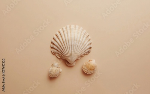 A high-quality, minimalist photo of a seashell and two small shells displayed against a beige, light peach-toned background. 