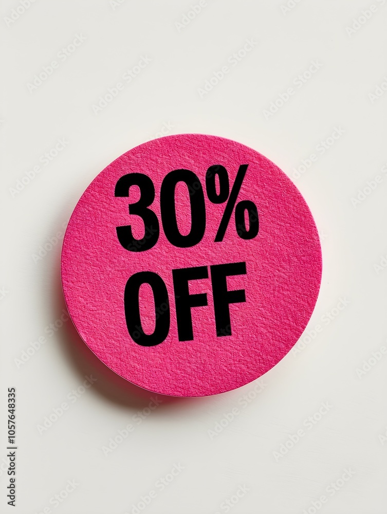 Black '30% OFF' Text on a Magenta Round Paper Note. White Background Black '30% OFF' Text on a Magenta Round Paper Note. White Background