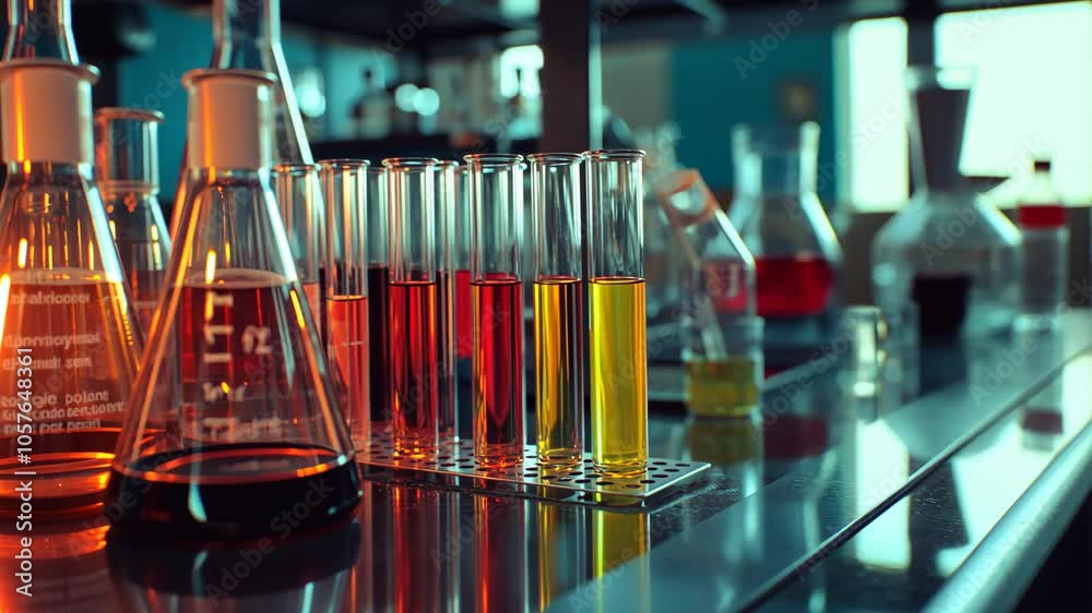 A laboratory table holds glass beakers and test tubes filled with various colored liquids A laboratory table holds glass beakers and test tubes filled with various colored liquids