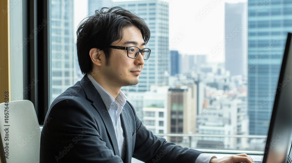 Man wearing glasses is sitting at a desk in front of a computer Man wearing glasses is sitting at a desk in front of a computer