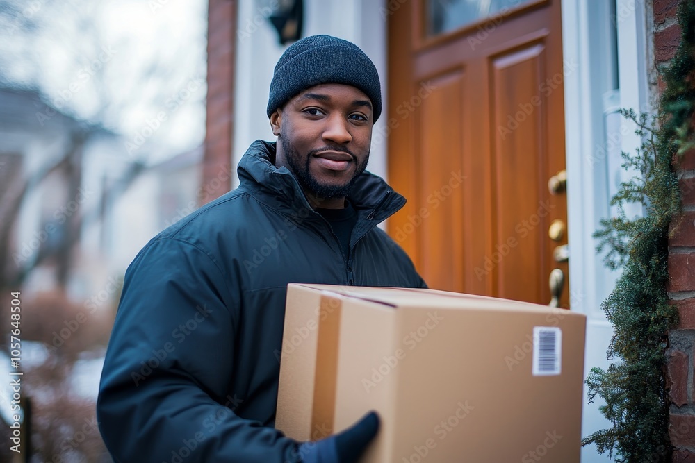 Delivery Man sending package to receiver on doorway, Generative AI Delivery Man sending package to receiver on doorway, Generative AI