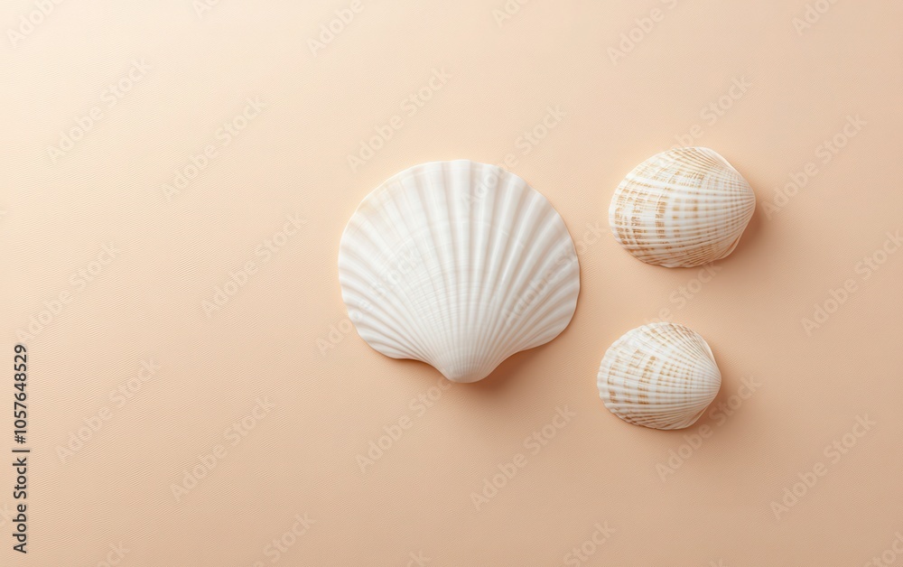A top-down photo of a seashell accompanied by two small shells on a warm beige background. A top-down photo of a seashell accompanied by two small shells on a warm beige background.