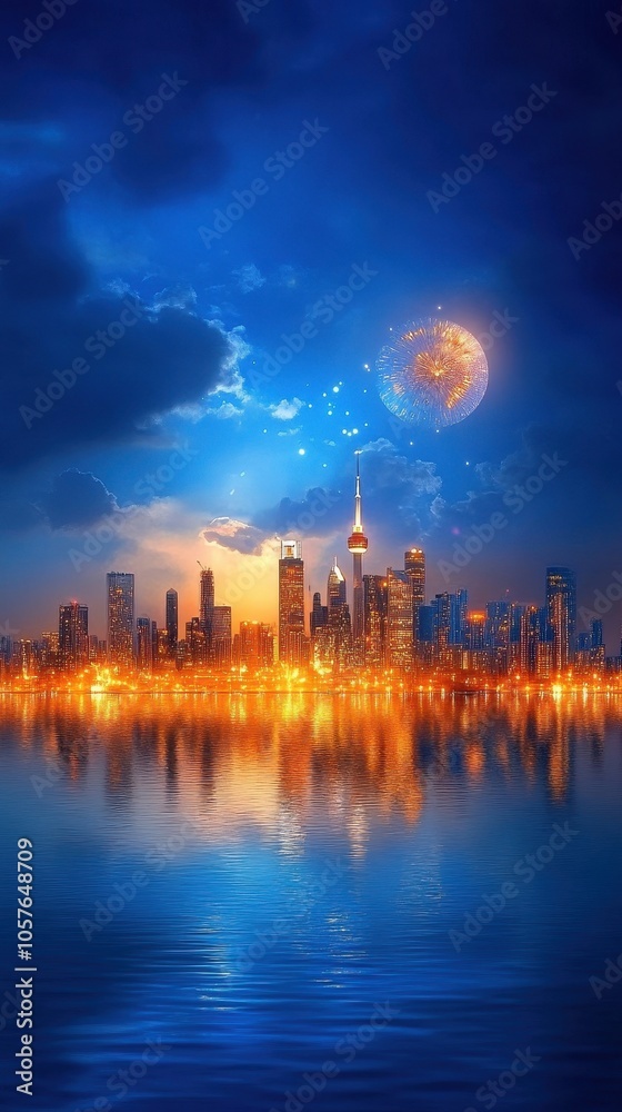 Fototapeta premium Fireworks bursting over tranquil ocean, dramatic skyline