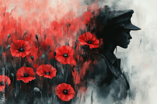 Fototapeta Naklejka Na Ścianę i Meble -  Silhouette of female soldier and red poppy flowers on dramatic watercolor background. Remembrance Day, Memorial, Armistice, Anzac day background