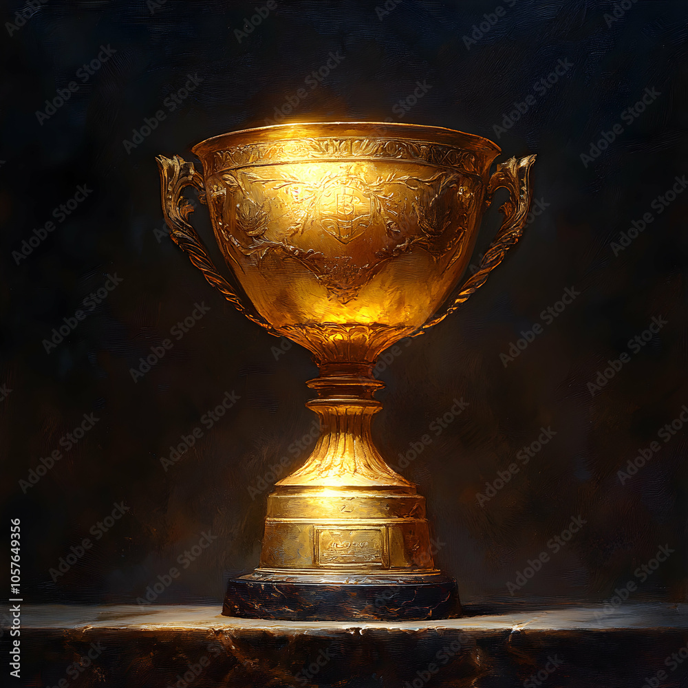 Elegant Golden Trophy Illuminated by Soft Warm Lighting Against a Dark Background Elegant Golden Trophy Illuminated by Soft Warm Lighting Against a Dark Background