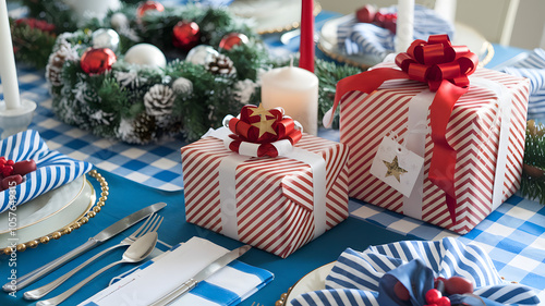  A close-up view of beautifully wrapped Christmas gifts adorned with colorful ribbons and personalized tags, arranged elegantly on a festive table decorated with holiday ornaments. 