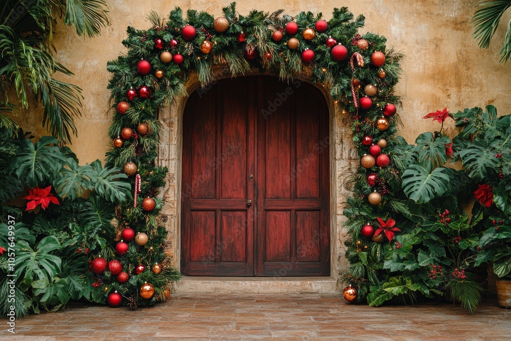 tropical christmas decor, festive christmas decor with unique ornaments and lush greenery cascading over a doorway, inviting guests to a tropical holiday celebration text space included tropical christmas decor, festive christmas decor with unique ornaments and lush greenery cascading over a doorway, inviting guests to a tropical holiday celebration text space included