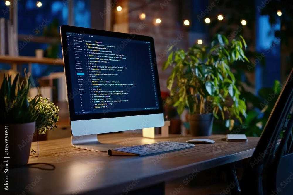 Creative Workspace at Night with Coding and Plant Decor for Productivity and Focus