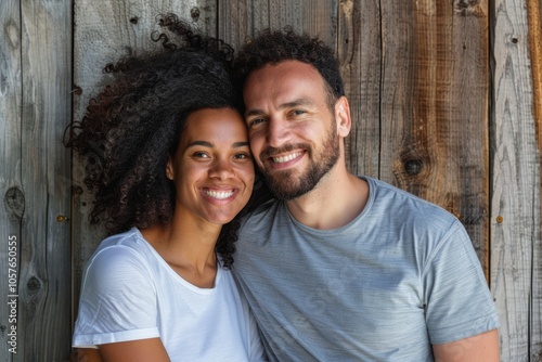 Portrait of a grinning mixed race couple in their 30s wearing a simple cotton shirt isolated in rustic wooden wall