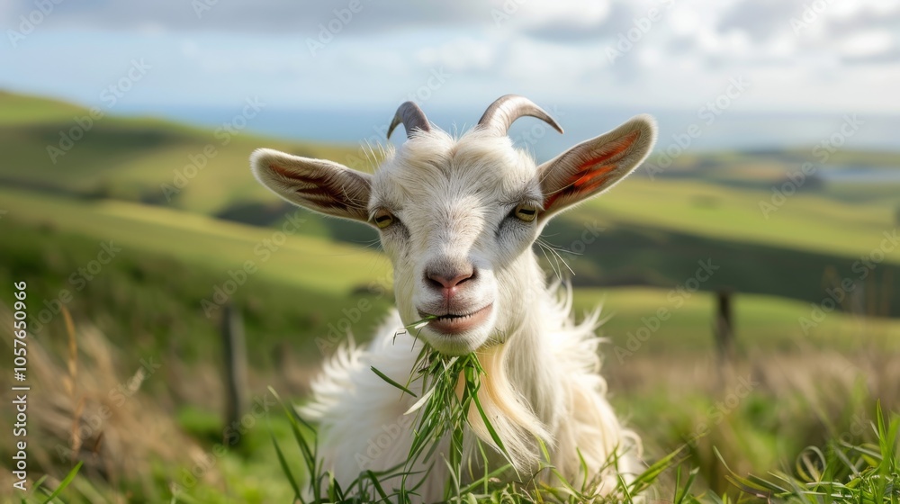 A goat with an exaggerated expression munches on grass in a scenic field, providing a light-hearted and amusing backdrop with rolling hills and a clear horizon.