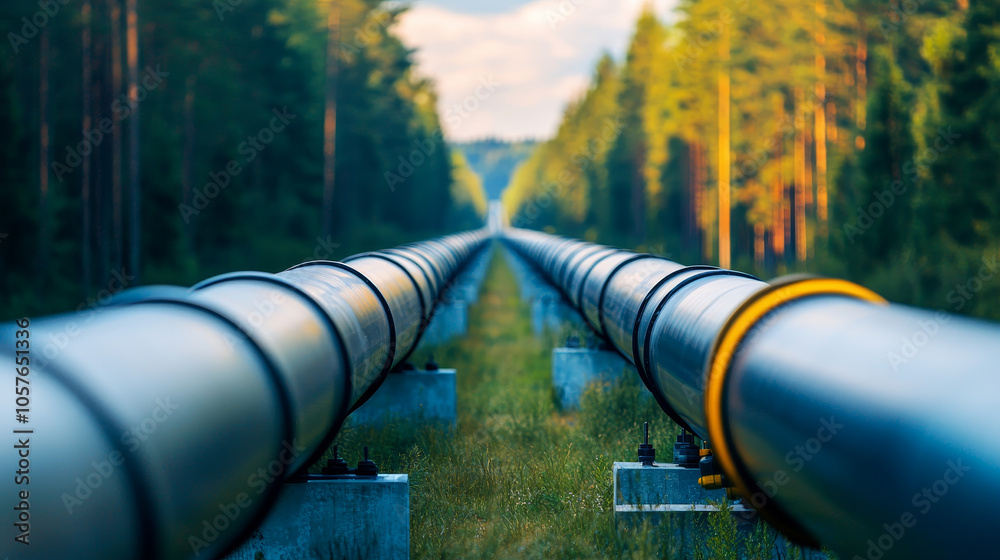 Oil pipeline under forest canopy representing energy infrastructure Oil pipeline under forest canopy representing energy infrastructure