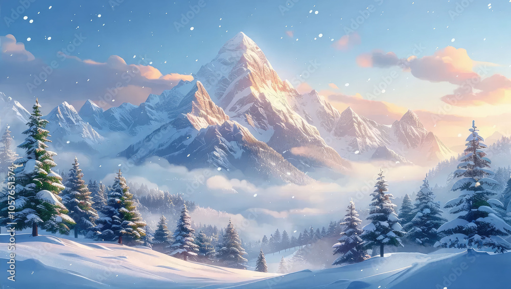 Fototapeta premium Winter mountain peaks and fir trees covered with snow, New Year's card