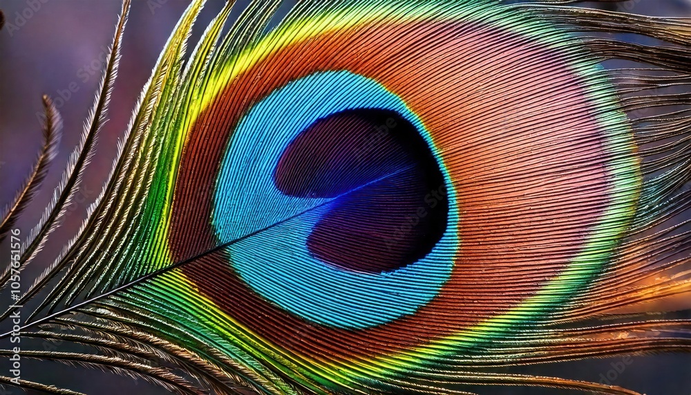Naklejka premium Close-up of a peacock feather's eye with vibrant iridescent colors.