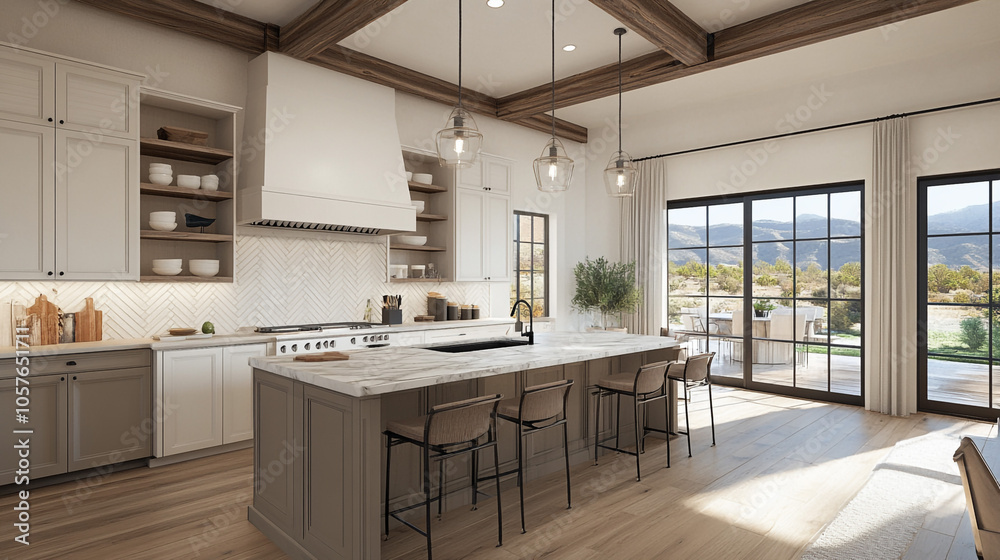 Modern Farmhouse Kitchen Interior Design with Island and Outdoor View Modern Farmhouse Kitchen Interior Design with Island and Outdoor View
