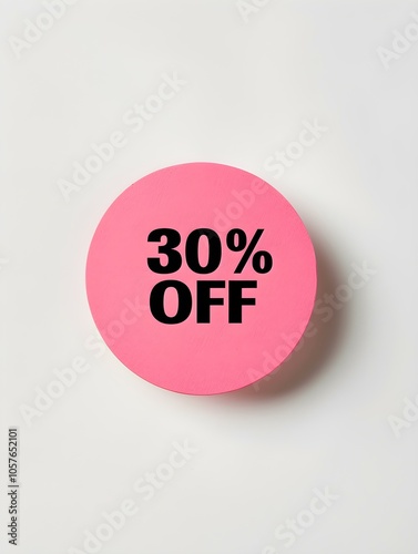 Black '30% OFF' Text on a Pink Round Paper Note. White Background 