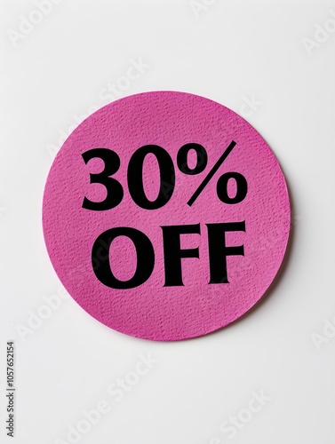 Black '30% OFF' Text on a Pink Round Paper Note. White Background 