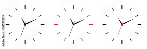 Minimalistic clock template set. Realistic office wall clock. Clock face and hands display the time. Home and office decor.