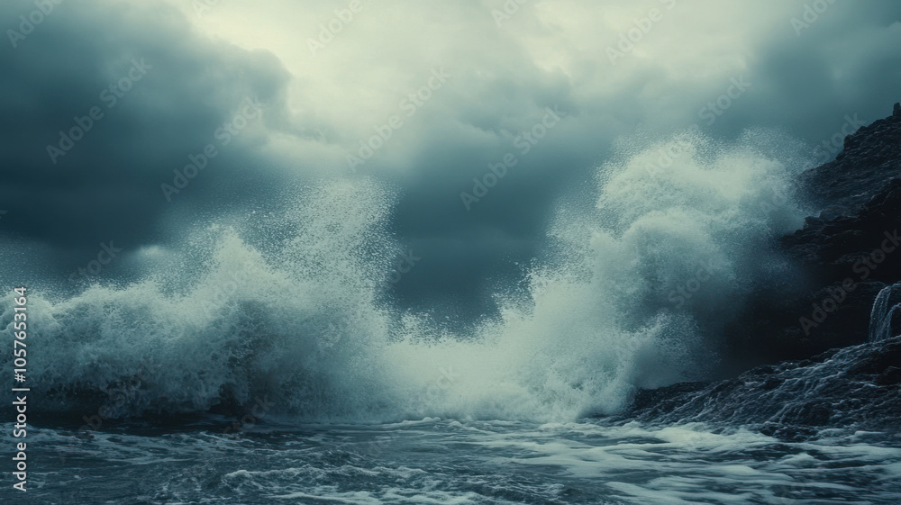 Waves crashing during storm create dramatic spray and foam against rocky shores, evoking sense of power and nature fury Waves crashing during storm create dramatic spray and foam against rocky shores, evoking sense of power and nature fury
